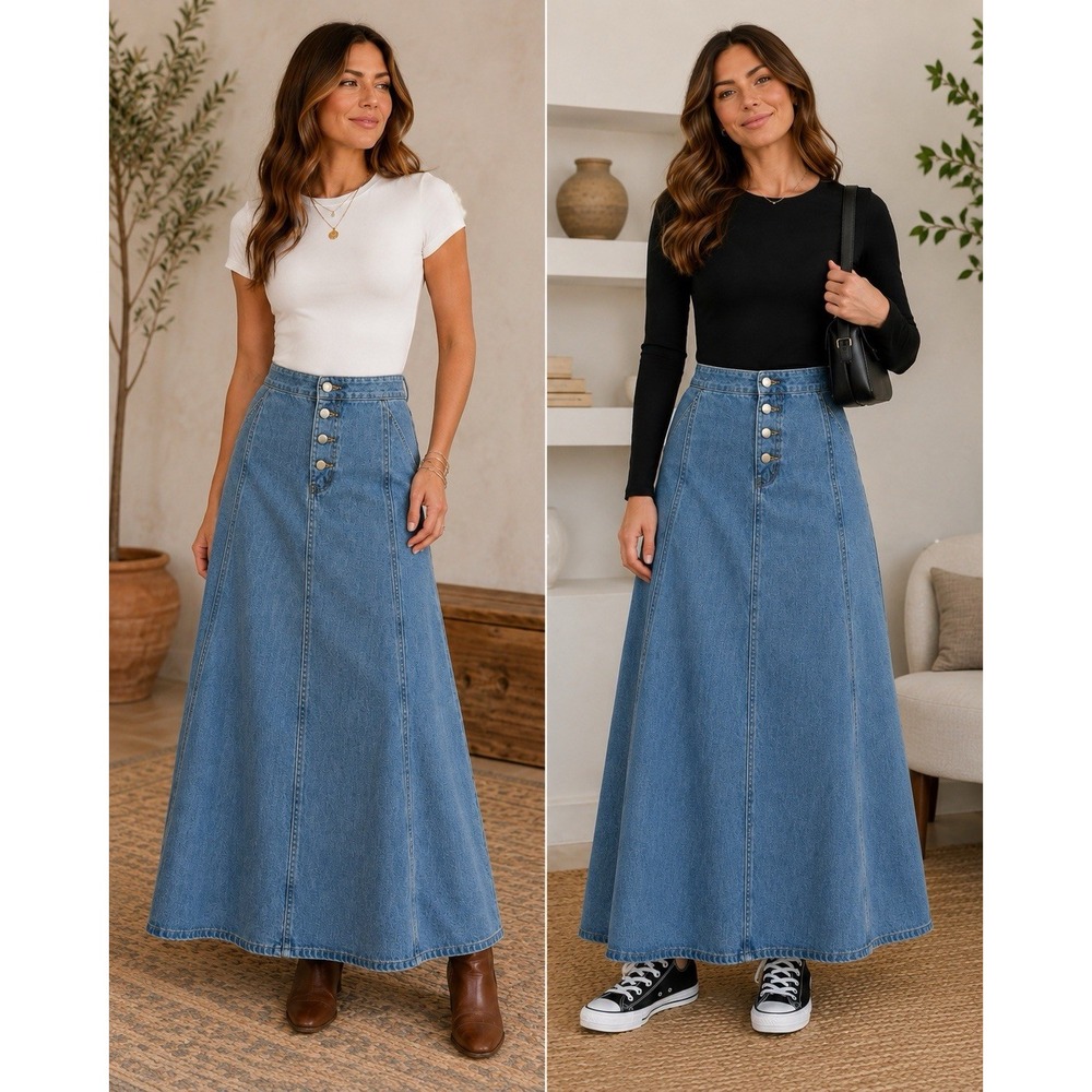 90s Y2K Denim Maxi Skirt High Waist Button Front A-Line Heavywt Jean Skirt XXL